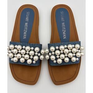 Stuart Weitzman Goldie Pearl Denim Slide Sandals Blue Women’s 7 Square Toe Flats